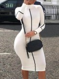 White High Neck Long Sleeve Fitted Midi Dress