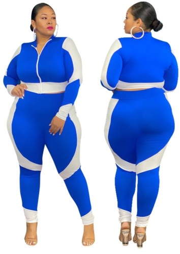 Plus Size Color Block Long Sleeves Zipper Open Crop Top and Pants Two Piece Set
