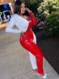Red and White Patchwork PU Leather V-Neck Bodycon Jumpsuit