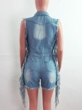 Blue Button Up Sleeveless Distressed Fringe Denim Rompers