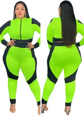 Plus Size Color Block Long Sleeves Zipper Open Crop Top and Pants Two Piece Set
