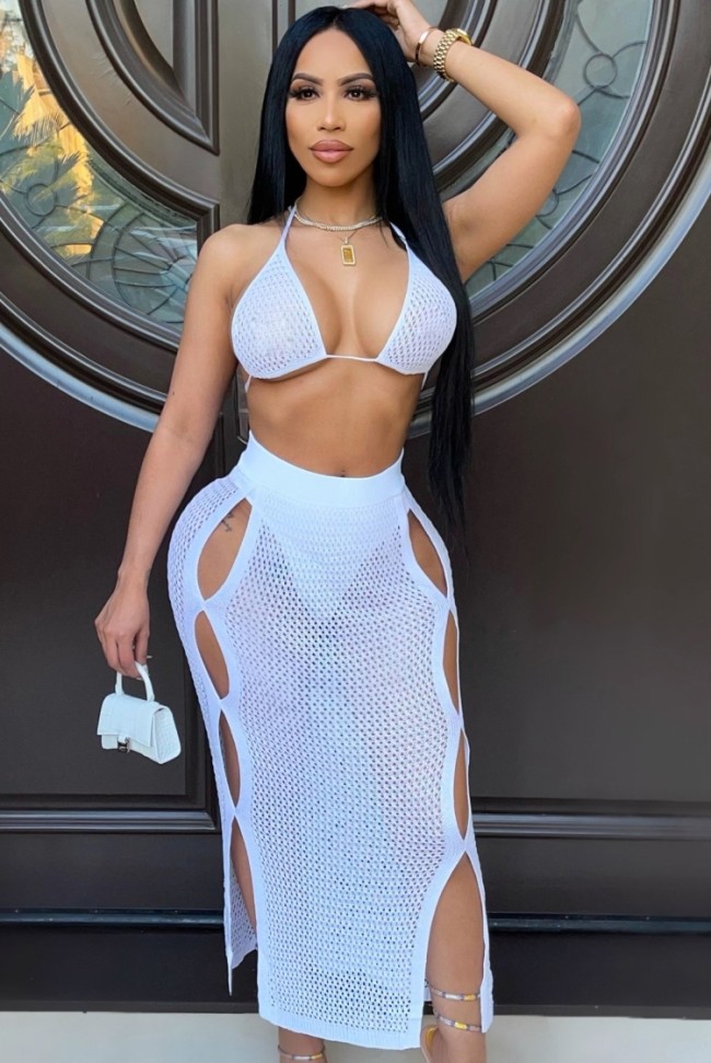 White See Through Halter Kniited Bra and Hollow Out Skirt Two Piece Outfits