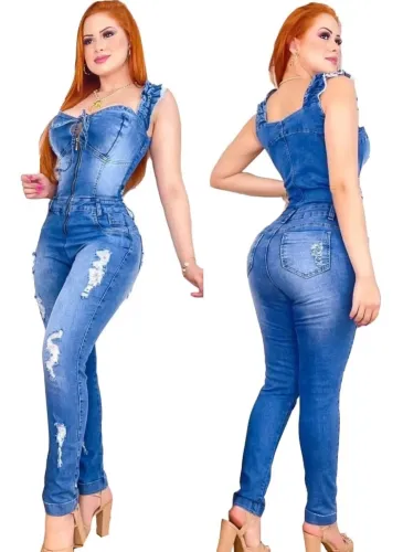 Blue Zipper Up Wide Cami Distressed Denim Jumpsuit