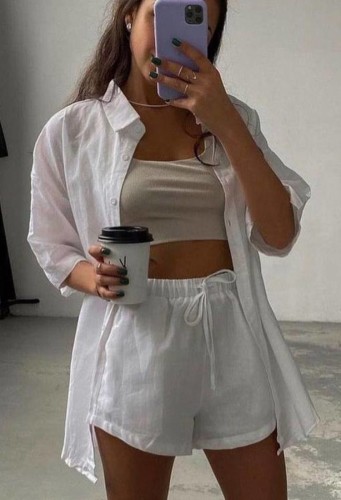 White Short Sleeve Long Blouse and Shorts Two Piece Set