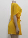 Yellow Drawstrings Mesh Short Sleeve Blouse Cover-Up