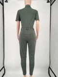 Green Button Up Short Sleeve Slim Fit Cargo Jumpsuit