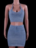Blue Knit Halter Crop Top and Drawstring Short Skirt Two Piece Set