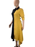 Black and Yellow Contast Button-Open Long Sleeve Irregular Dress