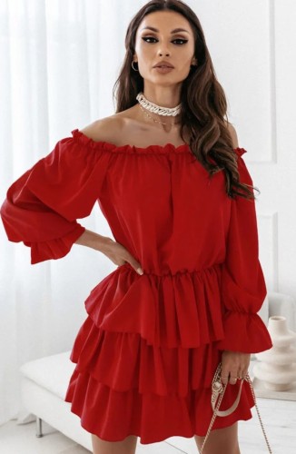 Red Off Shoulder Puff Sleeve Pleated Midi Dress