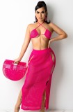 Pink See Through Halter Kniited Bra and Hollow Out Skirt Two Piece Outfits