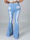 Casual Light Blue High Waist Ripped Flare Jeans