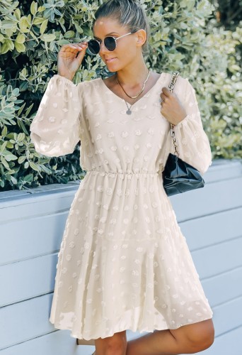 White Floral V--Neck Mesh Sleeve Midi Dress