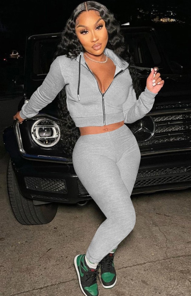 Grey Hoody Zipper Open Long Sleeve Crop Top and  Pant Two Piece Set