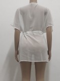White Drawstrings Mesh Short Sleeve Blouse Cover-Up