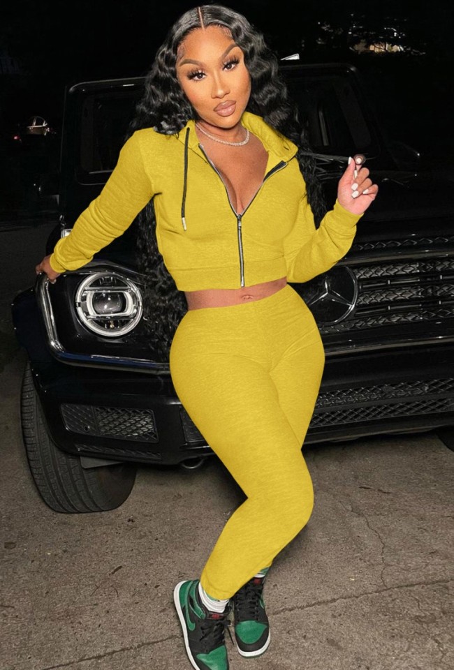 Yellow Hoody Zipper Open Long Sleeve Crop Top and  Pant Two Piece Set