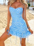 Blue Floral Print Sleeveless Ruched Mini Dress