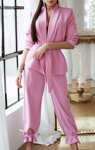 Pink Turndown Collar Blazer and Trouser Two Piece Set