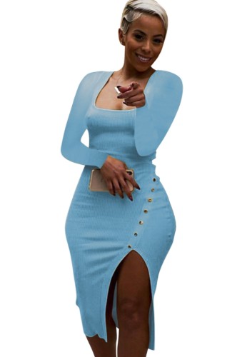 Blue Ribbed Square Neck Long Sleeves Slit Tight Dress