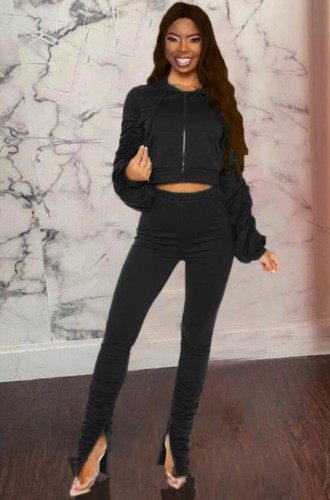 Black Hoody Zipper Open Puff Sleeve Stacked Crop Top and  Pant Two Piece Set