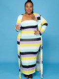 Plus Size Striped Printed Strapless Maxi Dress and Long Cardigan