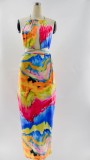 Polychrome Tie Dye Halter Crop Top and Midi Skirt Two Piece Set