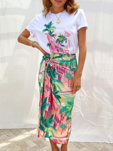 Printed Short Sleeves O-Neck Tee and Midi Skirt Two Piece Set