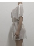 White Drawstrings Mesh Short Sleeve Blouse Cover-Up