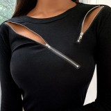 Black Zippers Long Sleeve O-Neck Top