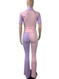Purple and Pink Contrast Top and Pant Two Piece Set