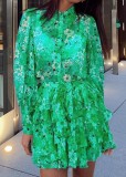 Green Floral Print Long Sleeve Ruffle Midi Dress