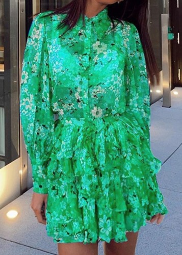 Green Floral Print Long Sleeve Ruffle Midi Dress