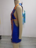 Printed Blue Sleeveless Mini Dress with Matching Halter Bra
