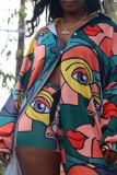Graphic Long Irregular Blouse and Matching Shorts Two Piece Set
