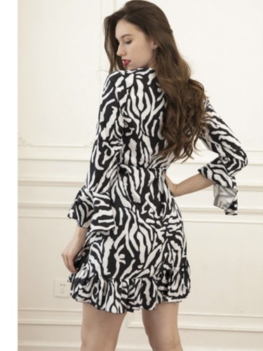 Zebra Striped Flare Sleeve Flounce Mini Dress