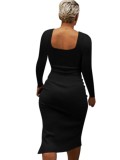 Black Ribbed Square Neck Long Sleeves Slit Tight Dress