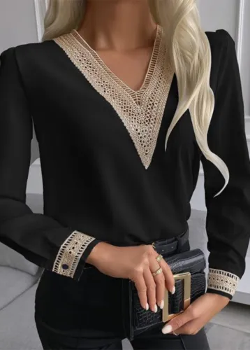 Pacth Neckline V-Neck Long Sleeves Black Office Blouse