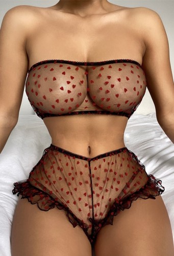 Red and Black Heart Print See Through Mesh Bra and Panty Two Piece Set