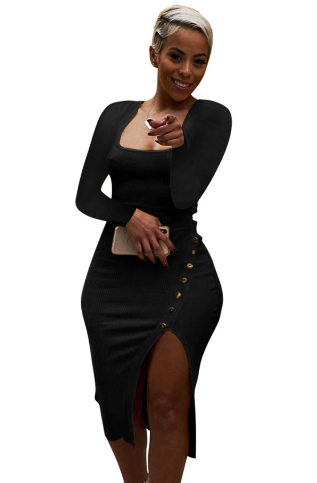 Black Ribbed Square Neck Long Sleeves Slit Tight Dress