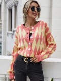 Pink and Yellow Geommetric Button Open Drop Shoulder Sweater Coat