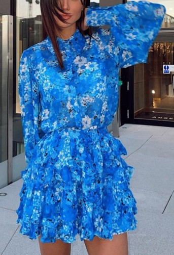 Blue Floral Print Long Sleeve Ruffle Midi Dress