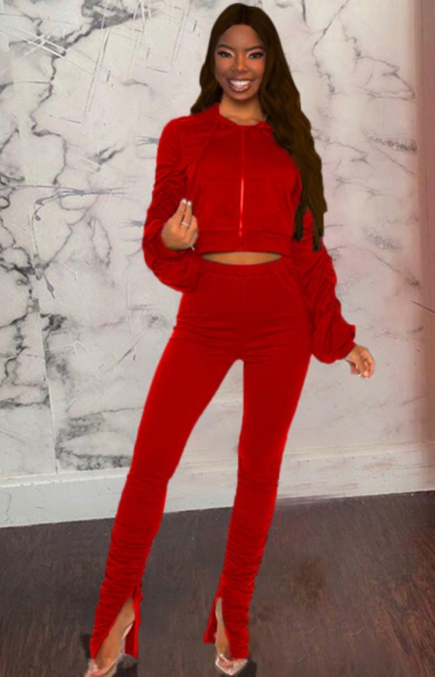 Red Hoody Zipper Open Puff Sleeve Stacked Crop Top and  Pant Two Piece Set