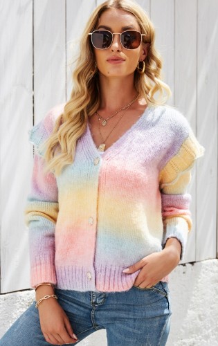 Rainbow Color Button Open Frill Long Sleeve Sweater