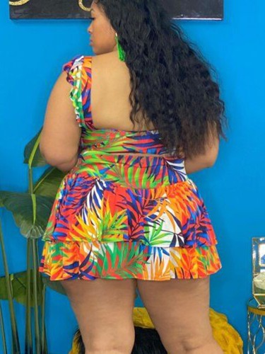 Plus Size Leaf Print Cami Crop Top and Short Skirt Two Piece Set