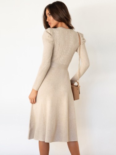 Beige Knit Long Sleeves O-Neck Dress with Belt