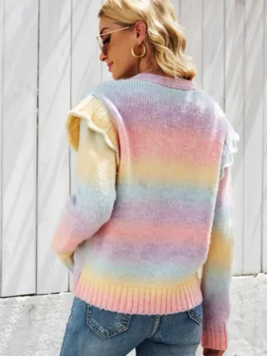 Rainbow Color Button Open Frill Long Sleeve Sweater