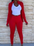 Red Zipper Up Long Sleeves Top and Pant Two Piece Set
