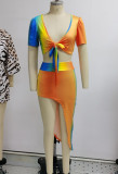 Polychrome Knotted Crop Top and Asymmetric Maxi Skirt Two Piece Set