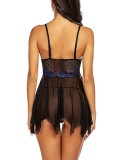 Blue Lace Patch Irregular See Through Mesh Cami Dress with Panty Two Piece Set