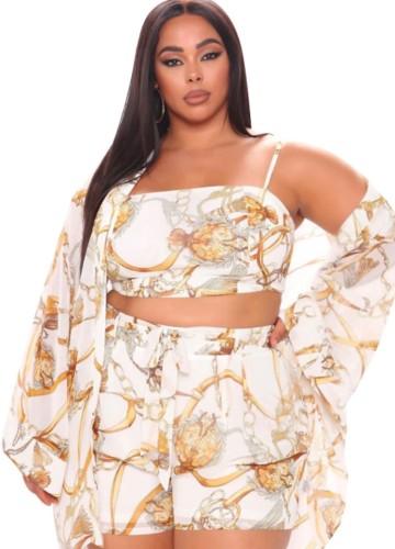 Plus Size Retro Printed Crop Top and Shorts with Long Cardigan 3PCS Set