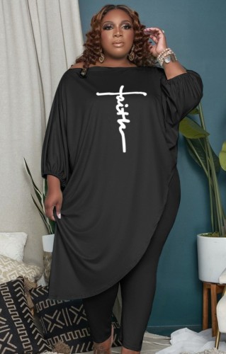 Plus Size Black Puff Sleeve Asymmetric Top and Tight Pants Two Piece Outfits